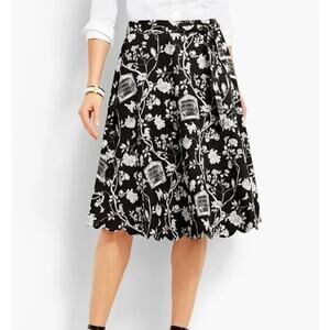 Talbots Printed A-Line Skirt Printed Floral Bird Cage Black Scalloped Women 8P